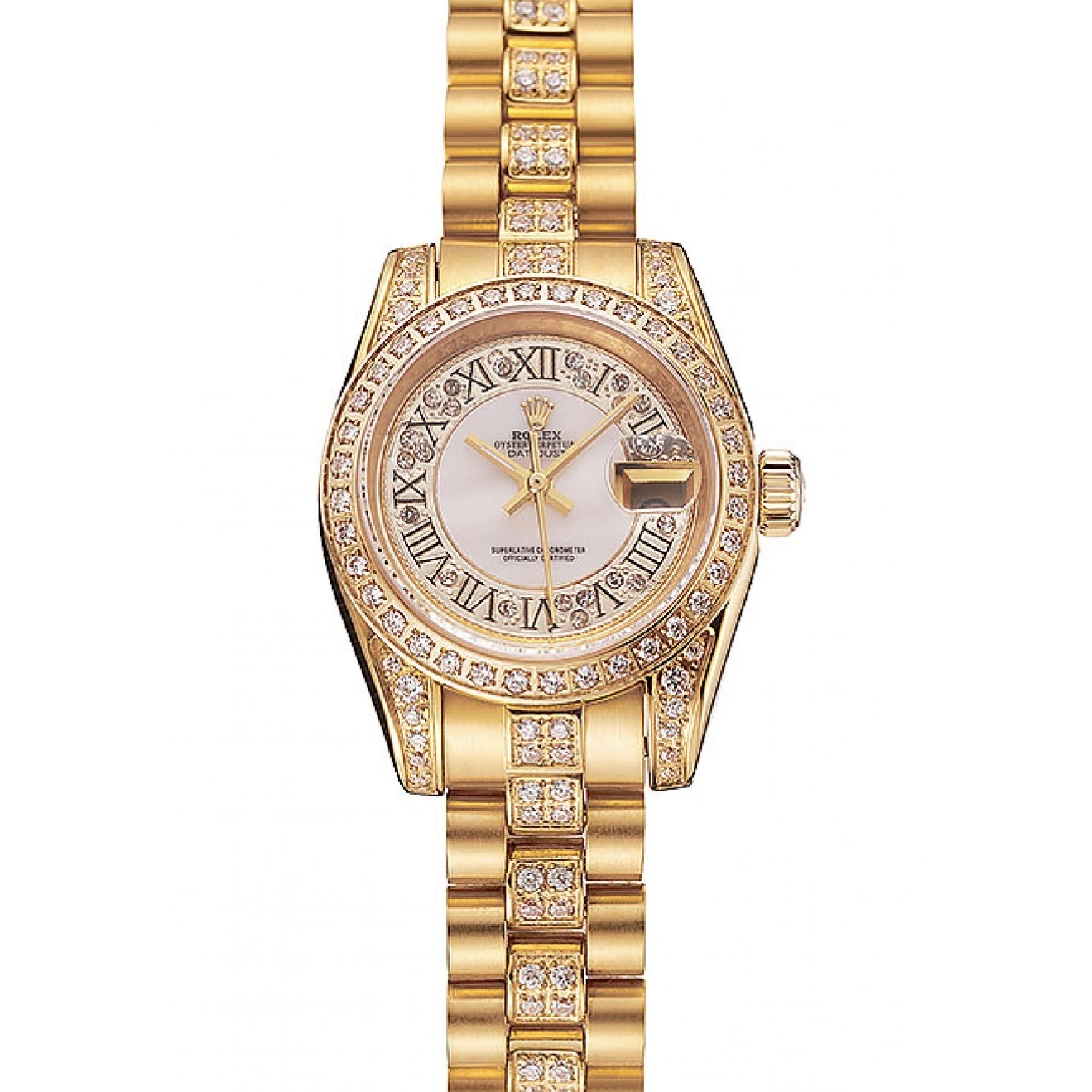 Aaa replica watch Diamond Swiss 1453957 Pave White Dial Bracelet DayJust Rolex Diamond Gold 0625